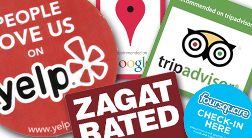 Social media review stickers including Yelp, TripAdvisor and Facebook