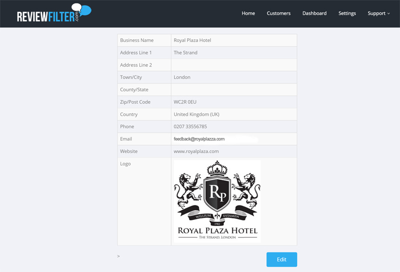 Business Settings screen