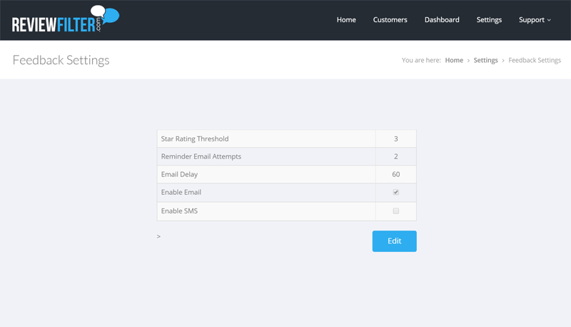 Feedback Settings screen