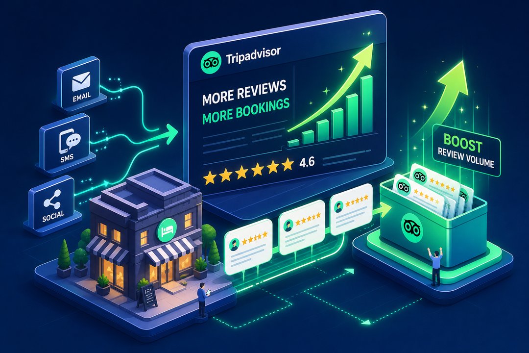 Illustration of a hotel storefront alongside a TripAdvisor dashboard showing a rising green bar chart and a 4.6 star rating, with email, SMS and social channel tiles feeding into a Boost Review Volume box