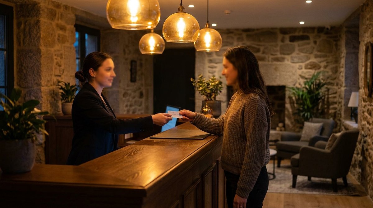 Boutique hotel front-desk attendant handing a key card to a guest across a polished oak counter, warm amber pendant lighting
